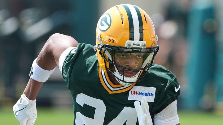 Green Bay Packers cornerback Carrington Valentine (24) participates in the second day of training practice on July 30, 2026, at Ray Nitschke Field in Ashwaubenon, Wis. Green Bay Packers cornerback Carrington Valentine (24) participates in the second day of training practice on July 30, 2026, at Ray Nitschke Field in Ashwaubenon, Wis.