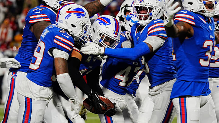 The Buffalo Bills celebrate Terrel Bernard, center, interception late in the fourth quarter during second-half action against the Kansas City Chiefs in Orchard Park The Buffalo Bills celebrate Terrel Bernard, center, interception late in the fourth quarter during second-half action against the Kansas City Chiefs in Orchard Park