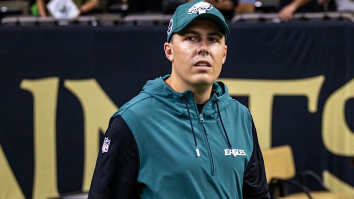 Philadelphia Eagles offensive coordinator Kellen Moore looks on during warmups before the game against the New Orleans Saints at Caesars Superdome.