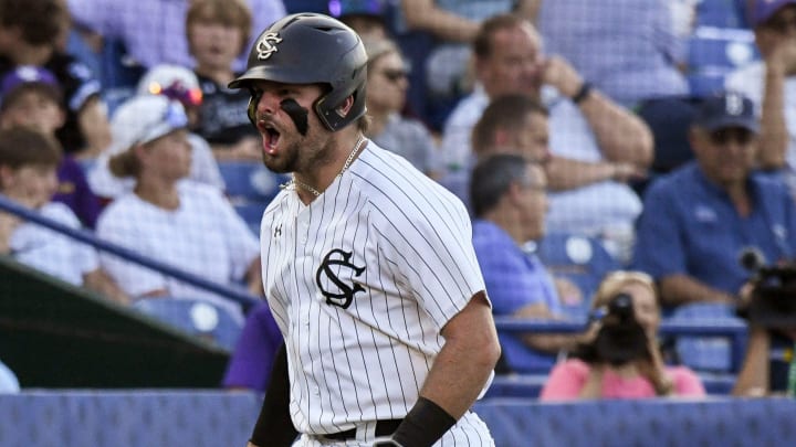 May 23 2024; Hoover, AL, USA; South Carolina batter Cole Messina (19) celebrates his grand slam against LSU at the Hoover Met during the SEC Tournament. May 23 2024; Hoover, AL, USA; South Carolina batter Cole Messina (19) celebrates his grand slam against LSU at the Hoover Met during the SEC Tournament.