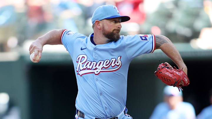 Sep 8, 2024; Arlington, Texas, USA; Texas Rangers pitcher Kirby Yates (39) pitches in the ninth inning against the Los Angeles Angels at Globe Life Field.