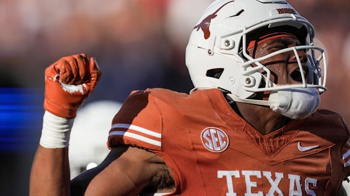 Texas Longhorns defensive back Jelani McDonald (25) celebrates after a turnover against the Kentucky Wildcats, Nov. 23, 2024 at Darrell K Royal Texas Memorial Stadium in Austin, Texas.