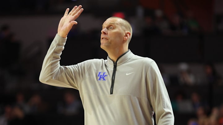 Kentucky head coach Mark Pope reacts during the first half of a NCAA mens basketball game at Steven C. O'Connell Center Exactek arena in Gainesville, FL on Saturday, February 14, 2026. [Alan Youngblood/Gainesville Sun]