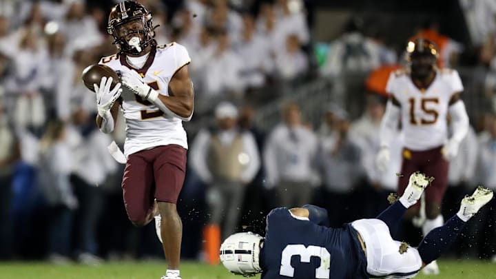 Oct 22, 2022; University Park, Pennsylvania, USA; Minnesota Golden Gophers defensive back Justin Walley (5) intercepts the ball intended for Penn State Nittany Lions wide receiver Parker Washington (3) during the first quarter at Beaver Stadium. Mandatory Credit: Matthew OHaren-Imagn Images
Oct 22, 2022; University Park, Pennsylvania, USA; Minnesota Golden Gophers defensive back Justin Walley (5) intercepts the ball intended for Penn State Nittany Lions wide receiver Parker Washington (3) during the first quarter at Beaver Stadium. Mandatory Credit: Matthew OHaren-Imagn Images