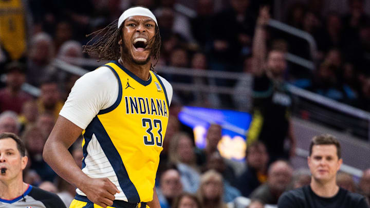Apr 4, 2025; Indianapolis, Indiana, USA; Indiana Pacers center Myles Turner (33) reacts to a made basket in the second half against the Utah Jazz at Gainbridge Fieldhouse. Mandatory Credit: Trevor Ruszkowski-Imagn Images