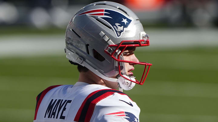 Feb 8, 2026; Santa Clara, CA, USA; New England Patriots quarterback Drake Maye (10) before Super Bowl LX against the Seattle Seahawks at Levi's Stadium. Mandatory Credit: Darren Yamashita-Imagn Images