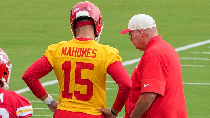 Jul 29, 2026; St. Joseph, MO, USA; Kansas City Chiefs quarterback Patrick Mahomes (15) talks with head coach Andy Reid during training camp at Missouri Western State University. Mandatory Credit: Denny Medley-Imagn Images Jul 29, 2026; St. Joseph, MO, USA; Kansas City Chiefs quarterback Patrick Mahomes (15) talks with head coach Andy Reid during training camp at Missouri Western State University. Mandatory Credit: Denny Medley-Imagn Images