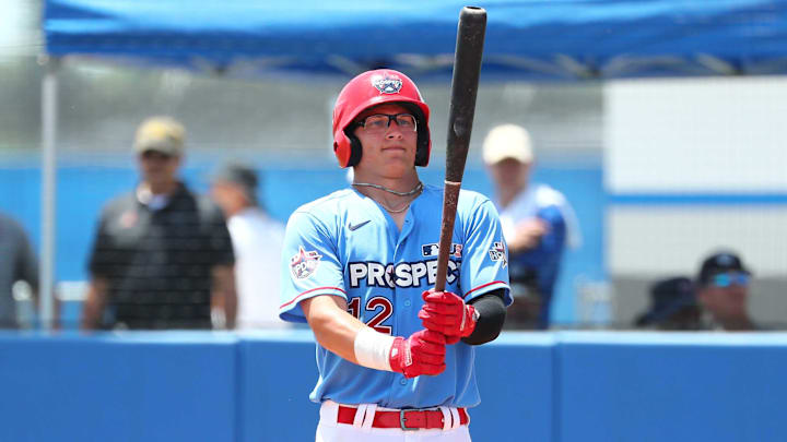 Jun 21, 2019; Bradenton, FL, USA; Team Howard outfielder Austin Hendrick (12) at bat during the eighth inning at IMG Academy. Mandatory Credit: Kim Klement-Imagn Images Jun 21, 2019; Bradenton, FL, USA; Team Howard outfielder Austin Hendrick (12) at bat during the eighth inning at IMG Academy. Mandatory Credit: Kim Klement-Imagn Images