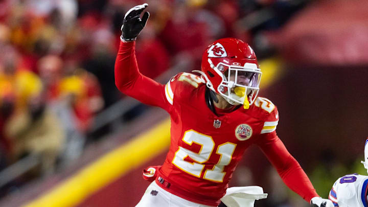 Jan 26, 2025; Kansas City, MO, USA; Kansas City Chiefs safety Jaden Hicks (21) against the Buffalo Bills in the AFC Championship game at GEHA Field at Arrowhead Stadium. Mandatory Credit: Mark J. Rebilas-Imagn Images
