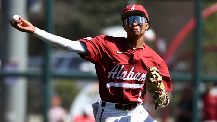 Mar 30, 2024; Tuscaloosa, Alabama, USA; Alabama infielderJustin Lebron (1) throws to first to record