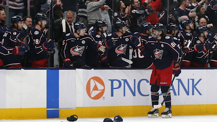 Apr 1, 2025; Columbus, Ohio, USA; Columbus Blue Jackets right wing Kirill Marchenko (86) celebrates his hat trick goal against the Nashville Predators during the third period at Nationwide Arena. Mandatory Credit: Russell LaBounty-Imagn Images
