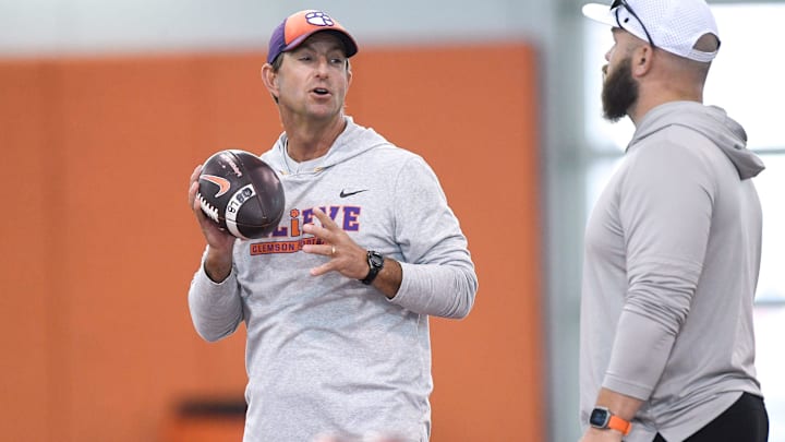 Clemson head coach Dabo Swinney talks with Clemson linebackers coach Ben Boulware during Spring Practice in Clemson, S.C. Monday, March 24, 2025.