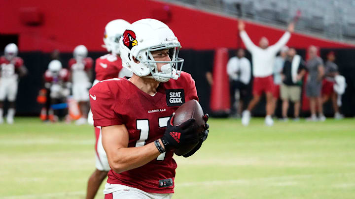 Aug 9, 2022; Glendale, Arizona, USA; Arizona Cardinals wide receiver Andy Isabella (17) makes a touchdown catch during training camp at State Farm Stadium.

Nfl Cardinals Daily Training Camp