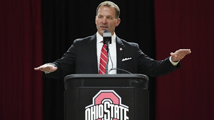 Ross Bjork speaks during an introductory press conference for Ohio State University’s new athletics director at the Covelli Center.