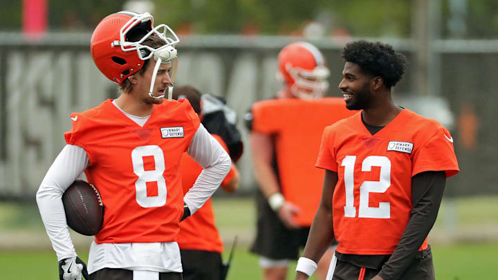 Cleveland Browns quarterback Kenny Pickett, left, chats with quarterback Shedeur Sanders (12) during an NFL practice at the Cleveland Browns training facility on Wednesday, May 28, 2025, in Berea, Ohio. Cleveland Browns quarterback Kenny Pickett, left, chats with quarterback Shedeur Sanders (12) during an NFL practice at the Cleveland Browns training facility on Wednesday, May 28, 2025, in Berea, Ohio.