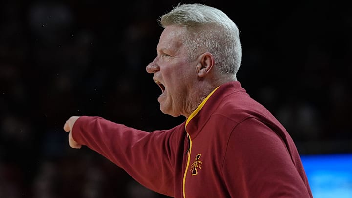 Iowa State Cyclones' women's basketball head coach Bill Fennelly reacts from the bench during the second quarter in the NCAA women’s basketball Cy-Hawk Series on Dec. 10, 2025, at Hilton Coliseum in Ames, Iowa.