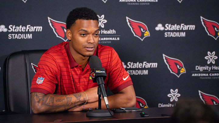 Cardinals second-round draft pick Will Johnson speaks to the media at the Arizona Cardinals training center on May 8, 2025, in Tempe.