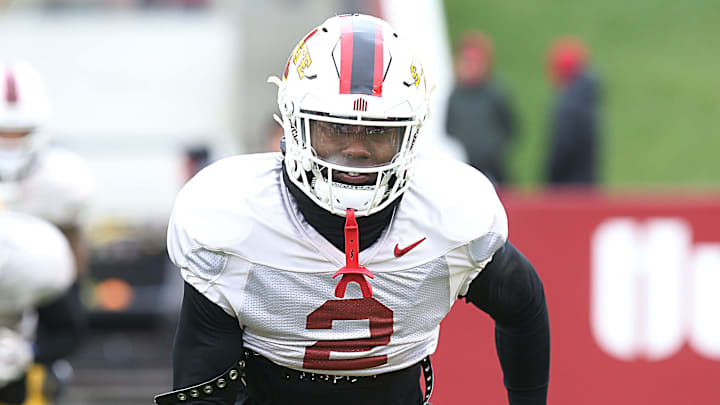 Iowa State Cyclones' defensive back T.J. Tampa (2) warms up during the university's Spring Football game at Jack Trice Stadium Saturday, April 22, 2023, in Ames, Iowa