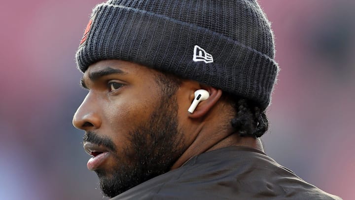 Cleveland Browns quarterback Shedeur Sanders (12) takes the field before an NFL football game at Huntington Bank Field, Dec. 21, 2025, in Cleveland, Ohio.