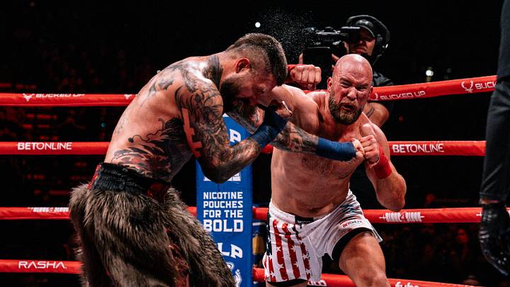 Cameron Delano (right) landing a punch on Alex Terrible (left) in the BKFC Blood 4 Blood main event.