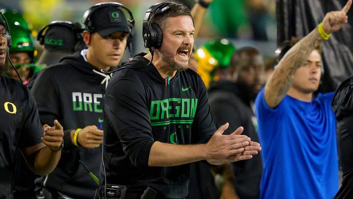 Oregon head coach Dan Lanning cheers on his team as the Oregon Ducks host the Portland State Vikings on Sept. 18, 2026, at Autzen Stadium in Eugene, Oregon.