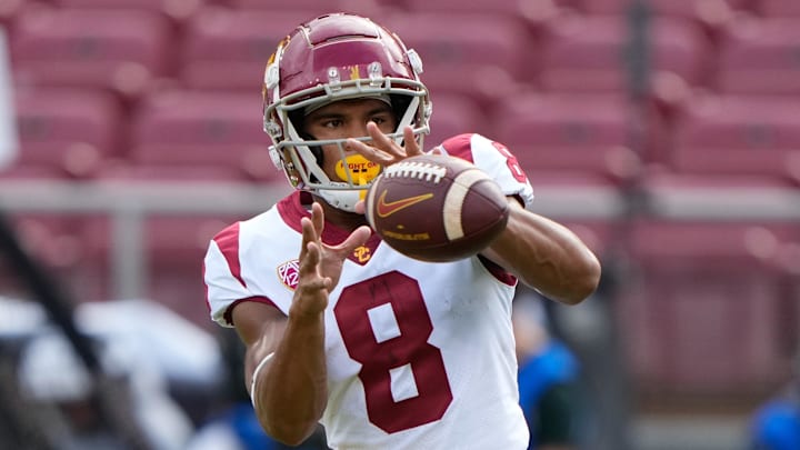 Sep 10, 2022; Stanford, California, USA; USC Trojans wide receiver CJ Williams (8) catches the ball during warm ups before the start of the first quarter against the Stanford Cardinal at Stanford Stadium. Mandatory Credit: Stan Szeto-Imagn Images Sep 10, 2022; Stanford, California, USA; USC Trojans wide receiver CJ Williams (8) catches the ball during warm ups before the start of the first quarter against the Stanford Cardinal at Stanford Stadium. Mandatory Credit: Stan Szeto-Imagn Images