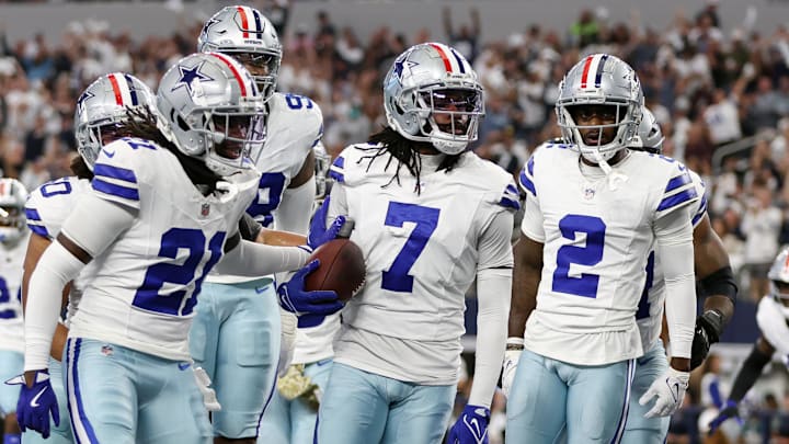 Dallas Cowboys cornerback Trevon Diggs and his teammates react after an interception against the Philadelphia Eagles
