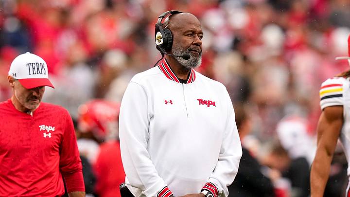Maryland Terrapins head coach Mike Locksley reacts in the first half of the NCAA football game at Ohio Stadium. Maryland Terrapins head coach Mike Locksley reacts in the first half of the NCAA football game at Ohio Stadium.