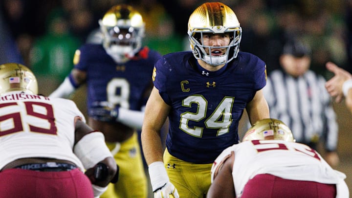 Notre Dame linebacker Jack Kiser (24) lines up during a NCAA college football game against Florida State at Notre Dame Stadium on Saturday, Nov. 9, 2024, in South Bend.