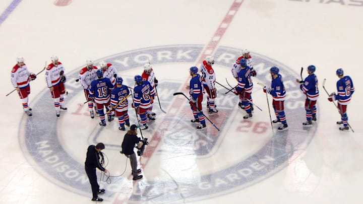 May 13, 2015; New York, NY, USA; the New York Rangers shake hands with the Washington Capitals over