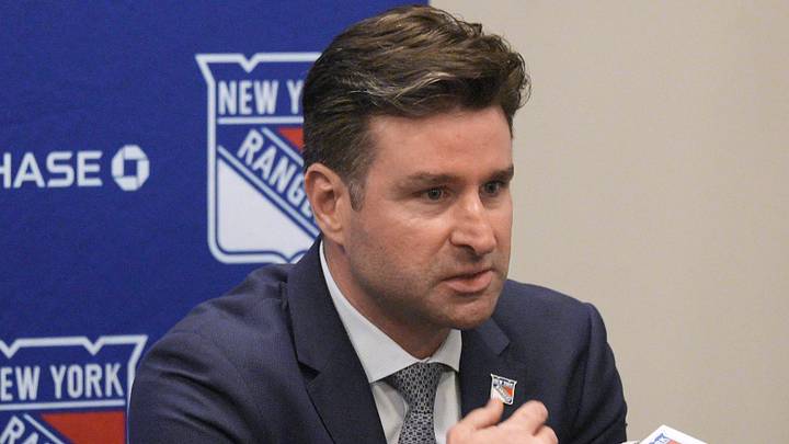 NY Rangers president and general manager Chris Drury speaks during a press conference to introduce new head coach Mike Sullivan at the MSG Training Center in Tarrytown, New York May 8, 2025.
