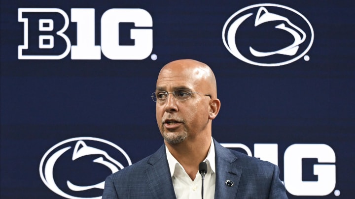 Jul 24, 2024; Indianapolis, IN, USA; Penn State Nittany Lions head coach James Franklin speaks to the media during the Big 10 football media day at Lucas Oil Stadium. Jul 24, 2024; Indianapolis, IN, USA; Penn State Nittany Lions head coach James Franklin speaks to the media during the Big 10 football media day at Lucas Oil Stadium.