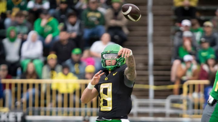 Oregon quarterback Dillon Gabriel throws the ball during the Oregon Ducks’ Spring Game Saturday, April 27. 2024 at Autzen Stadium in Eugene, Ore. Oregon quarterback Dillon Gabriel throws the ball during the Oregon Ducks’ Spring Game Saturday, April 27. 2024 at Autzen Stadium in Eugene, Ore.