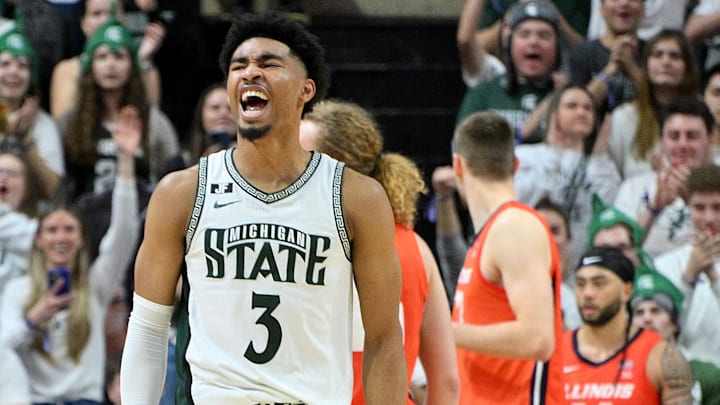 Jan 19, 2025; East Lansing, Michigan, USA;  Michigan State Spartans guard Jaden Akins (3) celebrates as the clock expires and the Michigan State Spartans defeat the Illinois Fighting Illini at Jack Breslin Student Events Center. Mandatory Credit: Dale Young-Imagn Images