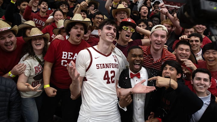 Feb 22, 2025; Stanford, California, USA; Stanford Cardinal forward Maxime Raynaud (42) greets the crowd following a victory over the arch rival California Golden Bears at Maples Pavilion. Mandatory Credit: D. Ross Cameron-Imagn Images