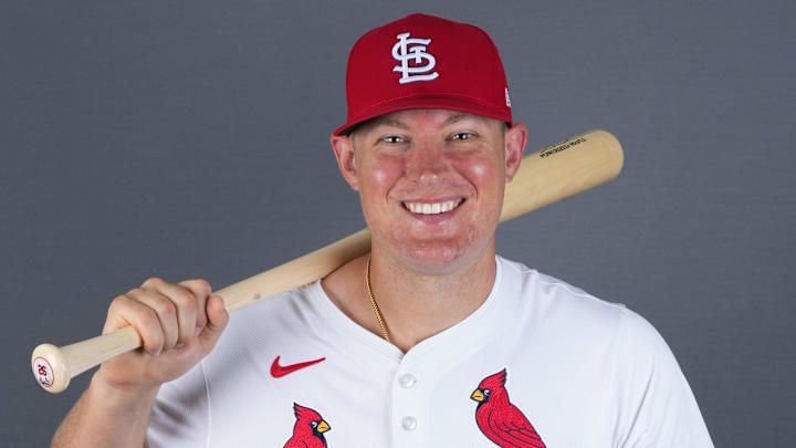 Feb 20, 2025; Jupiter, FL, USA;  St. Louis Cardinals first base Luken Baker (26). Mandatory Credit: Jim Rassol-Imagn Images