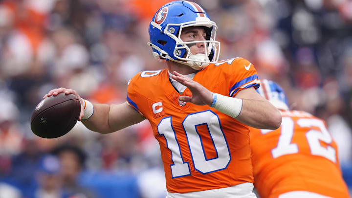 Oct 26, 2025; Denver, Colorado, USA; Denver Broncos quarterback Bo Nix (10) throws a pass against the Dallas Cowboys in the first quarter at Empower Field at Mile High. Oct 26, 2025; Denver, Colorado, USA; Denver Broncos quarterback Bo Nix (10) throws a pass against the Dallas Cowboys in the first quarter at Empower Field at Mile High.