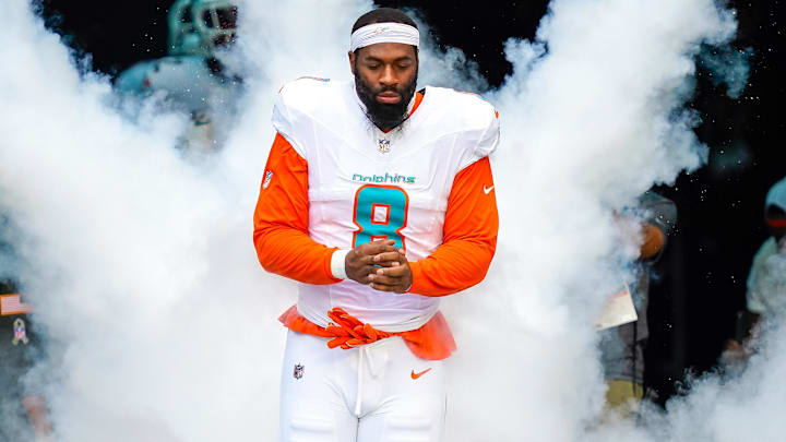 Nov 9, 2025; Miami Gardens, Florida, USA; Miami Dolphins outside linebacker Matthew Judon (8) runs on the field before a game against the Buffalo Bills at Hard Rock Stadium. 