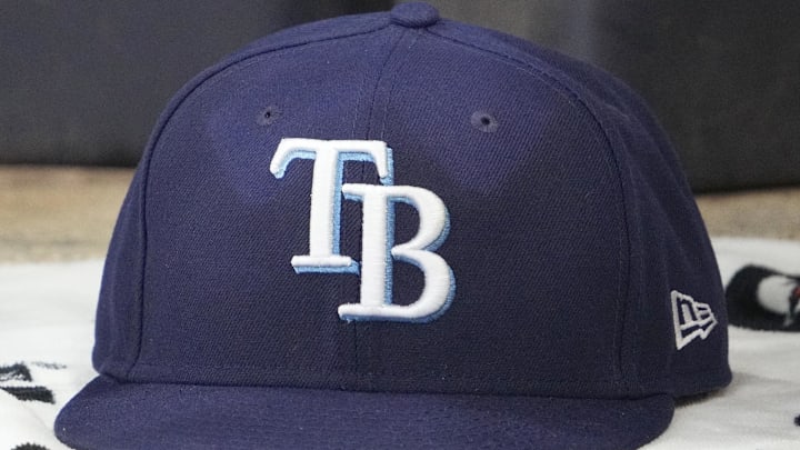 Mar 30, 2026; Milwaukee, Wisconsin, USA; A detailed view of the Tampa Bay Rays hat at American Family Field. Mar 30, 2026; Milwaukee, Wisconsin, USA; A detailed view of the Tampa Bay Rays hat at American Family Field.