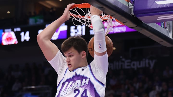 Oct 22, 2025; Salt Lake City, Utah, USA; Utah Jazz center Walker Kessler (24) dunks against the Los Angeles Clippers during the first quarter at Delta Center. Mandatory Credit: Rob Gray-Imagn Images