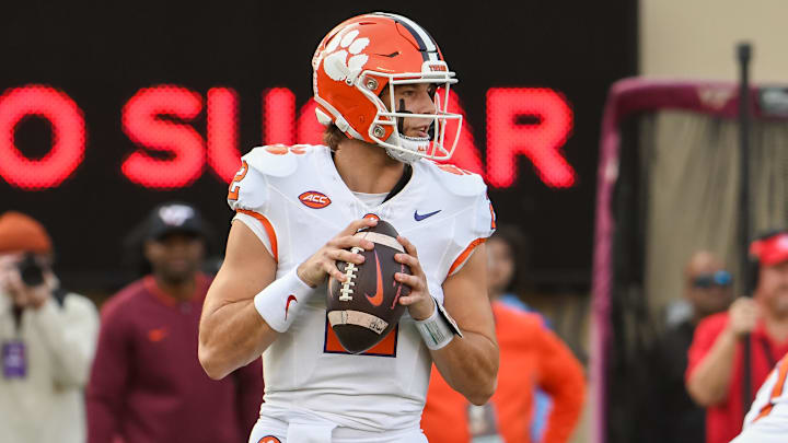Nov 9, 2024; Blacksburg, Virginia, USA;  Clemson Tigers quarterback Cade Klubnik (2) looks to pass during the second quarter at Lane Stadium.