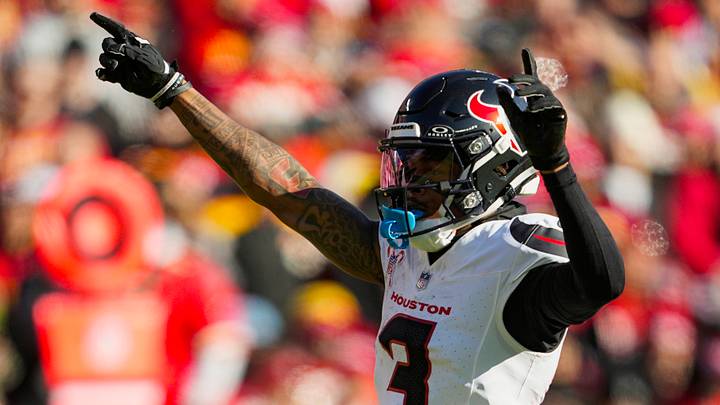 Dec 21, 2024; Kansas City, Missouri, USA; Houston Texans wide receiver Tank Dell (3) celebrates after a play during the first half against the Kansas City Chiefs at GEHA Field at Arrowhead Stadium. Dec 21, 2024; Kansas City, Missouri, USA; Houston Texans wide receiver Tank Dell (3) celebrates after a play during the first half against the Kansas City Chiefs at GEHA Field at Arrowhead Stadium.