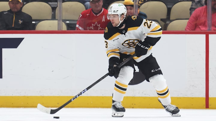 Apr 13, 2025; Pittsburgh, Pennsylvania, USA; Boston Bruins right wing Fabian Lysell (23) skates with the puck against the Pittsburgh Penguins during the third period at PPG Paints Arena. Mandatory Credit: Charles LeClaire-Imagn Images Apr 13, 2025; Pittsburgh, Pennsylvania, USA; Boston Bruins right wing Fabian Lysell (23) skates with the puck against the Pittsburgh Penguins during the third period at PPG Paints Arena. Mandatory Credit: Charles LeClaire-Imagn Images