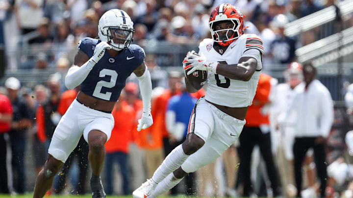 Sep 7, 2024; University Park, Pennsylvania, USA; Bowling Green Falcons tight end Harold Fannin Jr (0) catches a pass during the second quarter against the Penn State Nittany Lions at Beaver Stadium. Penn State defeated Bowling Green 34-27. Mandatory Credit: Matthew O'Haren-Imagn Images Sep 7, 2024; University Park, Pennsylvania, USA; Bowling Green Falcons tight end Harold Fannin Jr (0) catches a pass during the second quarter against the Penn State Nittany Lions at Beaver Stadium. Penn State defeated Bowling Green 34-27. Mandatory Credit: Matthew O'Haren-Imagn Images