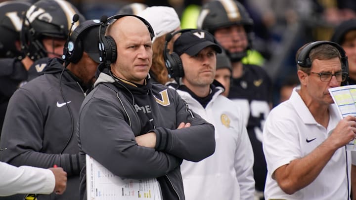 Vanderbilt head coach Clark Lea studies the field during the third quarter at FirstBank Stadium in Nashville, Tenn., Saturday, Nov. 30, 2024.