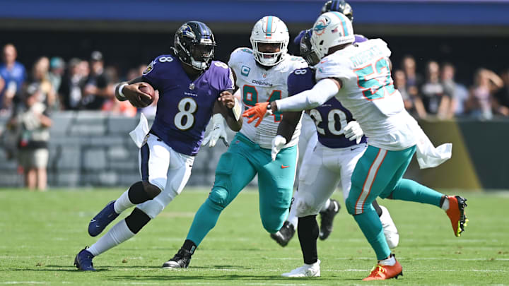 Sep 18, 2022; Baltimore, Maryland, USA; Baltimore Ravens quarterback Lamar Jackson (8) runs during the first half against the Miami Dolphins at M&T Bank Stadium. Mandatory Credit: Tommy Gilligan-Imagn Images Sep 18, 2022; Baltimore, Maryland, USA; Baltimore Ravens quarterback Lamar Jackson (8) runs during the first half against the Miami Dolphins at M&T Bank Stadium. Mandatory Credit: Tommy Gilligan-Imagn Images