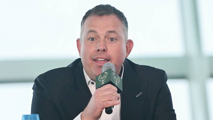 Milwaukee Bucks general manager Jon Horst speaks at a press conference at Milwaukee Art Museum on May 6, 2026.