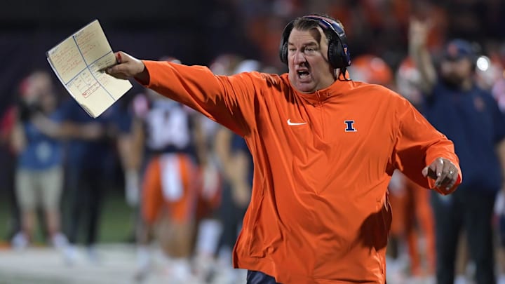 Sep 2, 2023; Champaign, Illinois, USA; Illinois Fighting Illini head coach Bret Bielema reacts after a play against the Toledo Rockets during the second half at Memorial Stadium. Mandatory Credit: Ron Johnson-Imagn Images Sep 2, 2023; Champaign, Illinois, USA; Illinois Fighting Illini head coach Bret Bielema reacts after a play against the Toledo Rockets during the second half at Memorial Stadium. Mandatory Credit: Ron Johnson-Imagn Images
