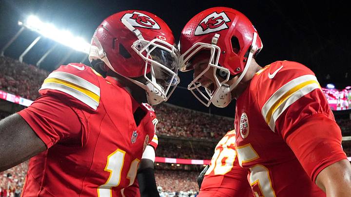 Sep 20, 2026; Kansas City, Missouri, USA; Kansas City Chiefs wide receiver Jalen Royals (11) and quarterback Patrick Mahomes (15) celebrate after a touchdown against the Indianapolis Colts during the third quarter at GEHA Field at Arrowhead Stadium. Mandatory Credit: Jay Biggerstaff-Imagn Images Sep 20, 2026; Kansas City, Missouri, USA; Kansas City Chiefs wide receiver Jalen Royals (11) and quarterback Patrick Mahomes (15) celebrate after a touchdown against the Indianapolis Colts during the third quarter at GEHA Field at Arrowhead Stadium. Mandatory Credit: Jay Biggerstaff-Imagn Images