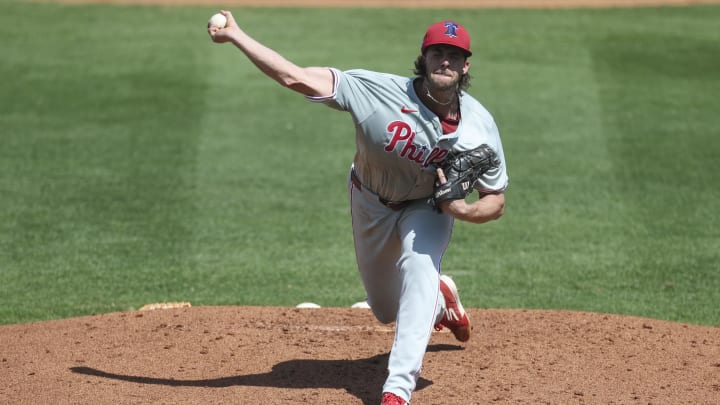 Mar 7, 2024; Port Charlotte, Florida, USA;  Philadelphia Phillies starting pitcher Aaron Nola (27)